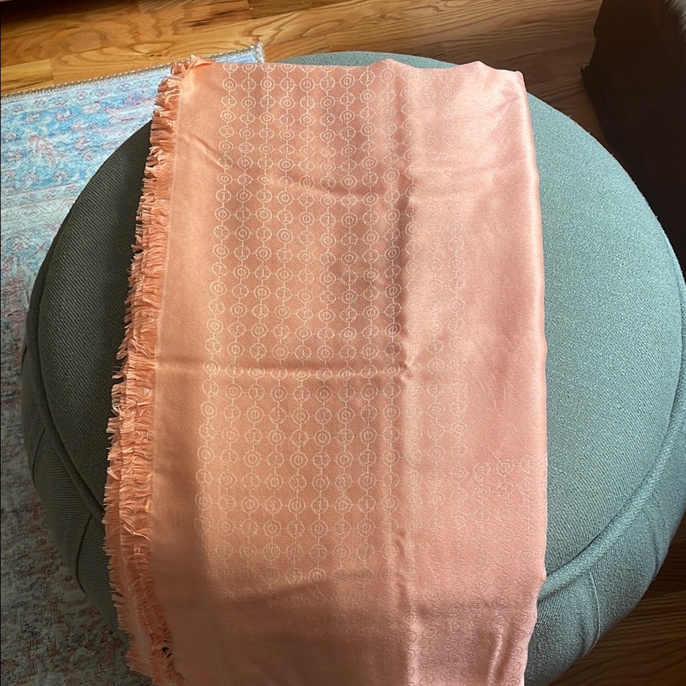 Henri Bendel Pink Salmon Pashmina Wrap Women Wool Silk Scarf Monogram Reversible